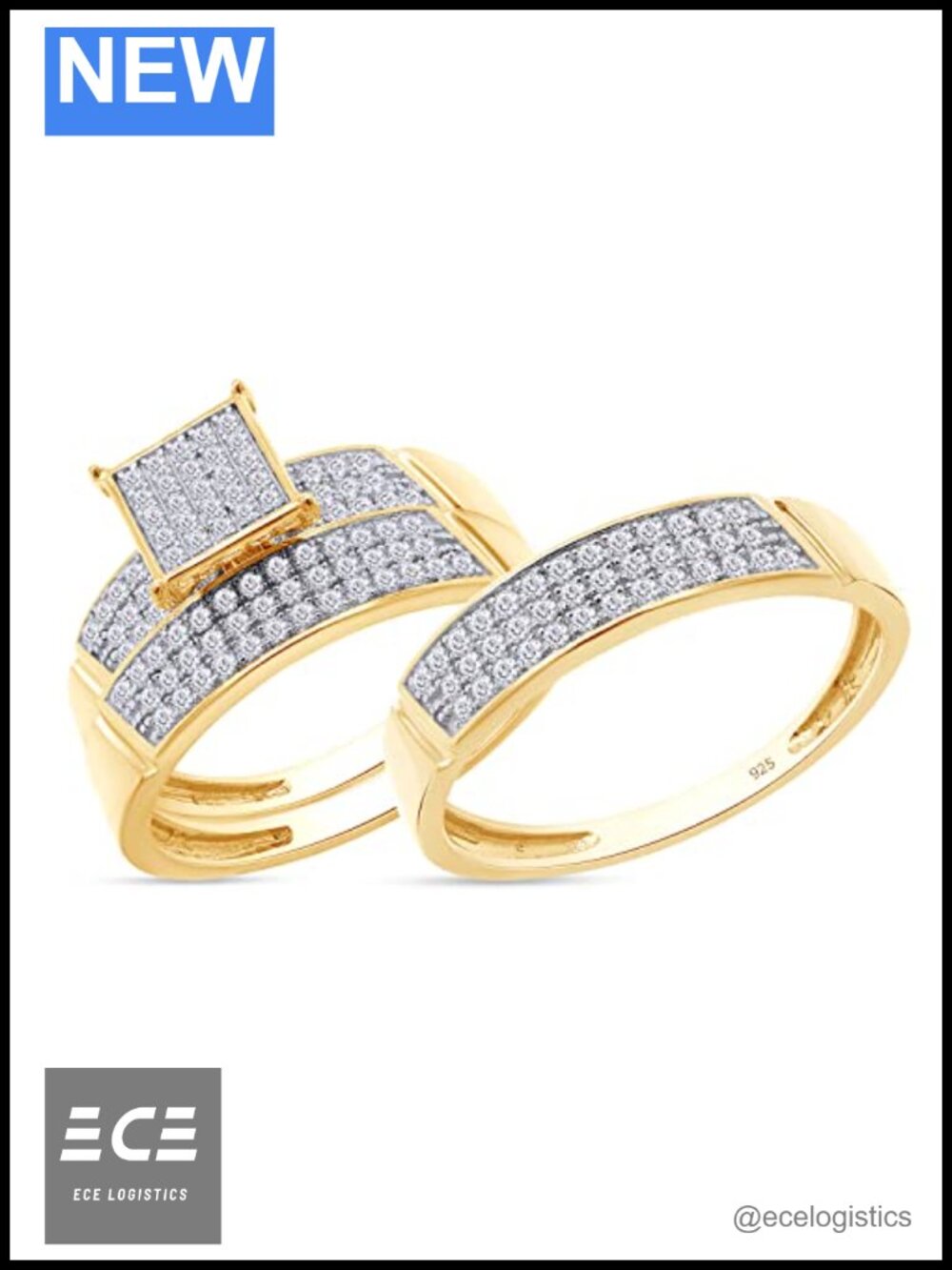 Lab Created Moissanite Engagement Ring Trio Set 14k Yellow Gold Plated 925